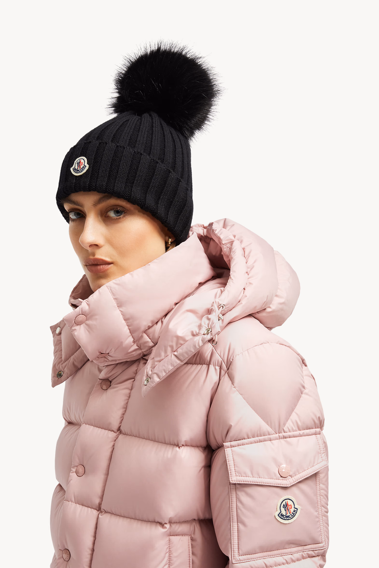 Wool Beanie with Faux Fur Pom Pom Gender Neutral Black Moncler 2